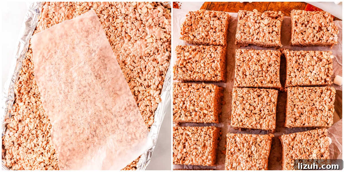 Thick Chewy Chocolate Rice Krispies Treats Recipe 7 The mixture pressed into a pan and then cut into squares.