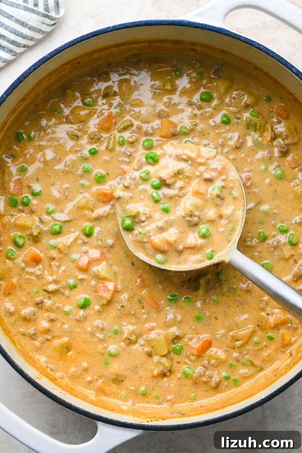 Dairy-Free Cashew Cream Shepherd’s Pie Soup Recipe 16 Finished shepherds pie soup with a ladle lifting some out of the pot.