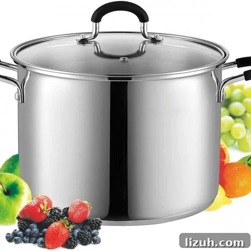 A large stainless steel pot with a glass lid and black handles.