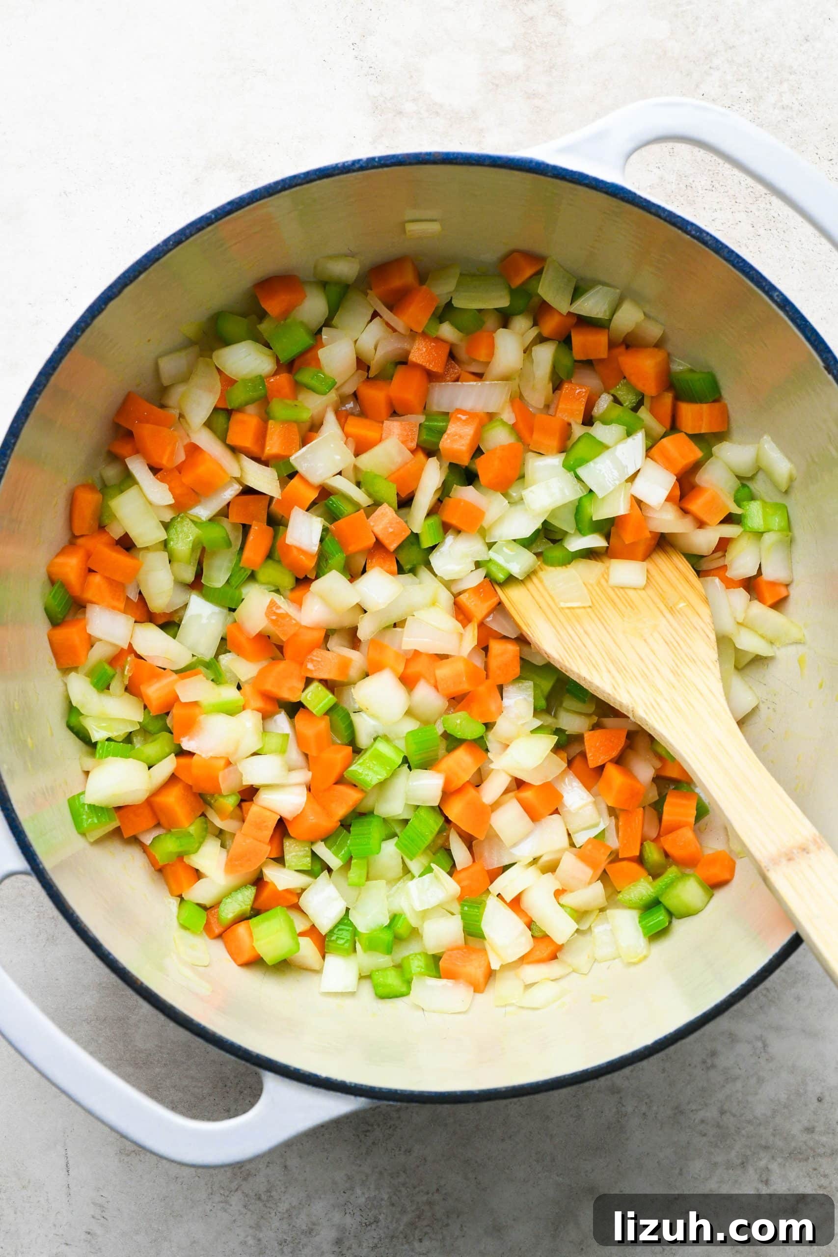 Dairy-Free Cashew Cream Shepherd’s Pie Soup Recipe 6 How to make shepherds pie soup: Sautéing onions, celery, and carrots in a large soup pot with olive oil.