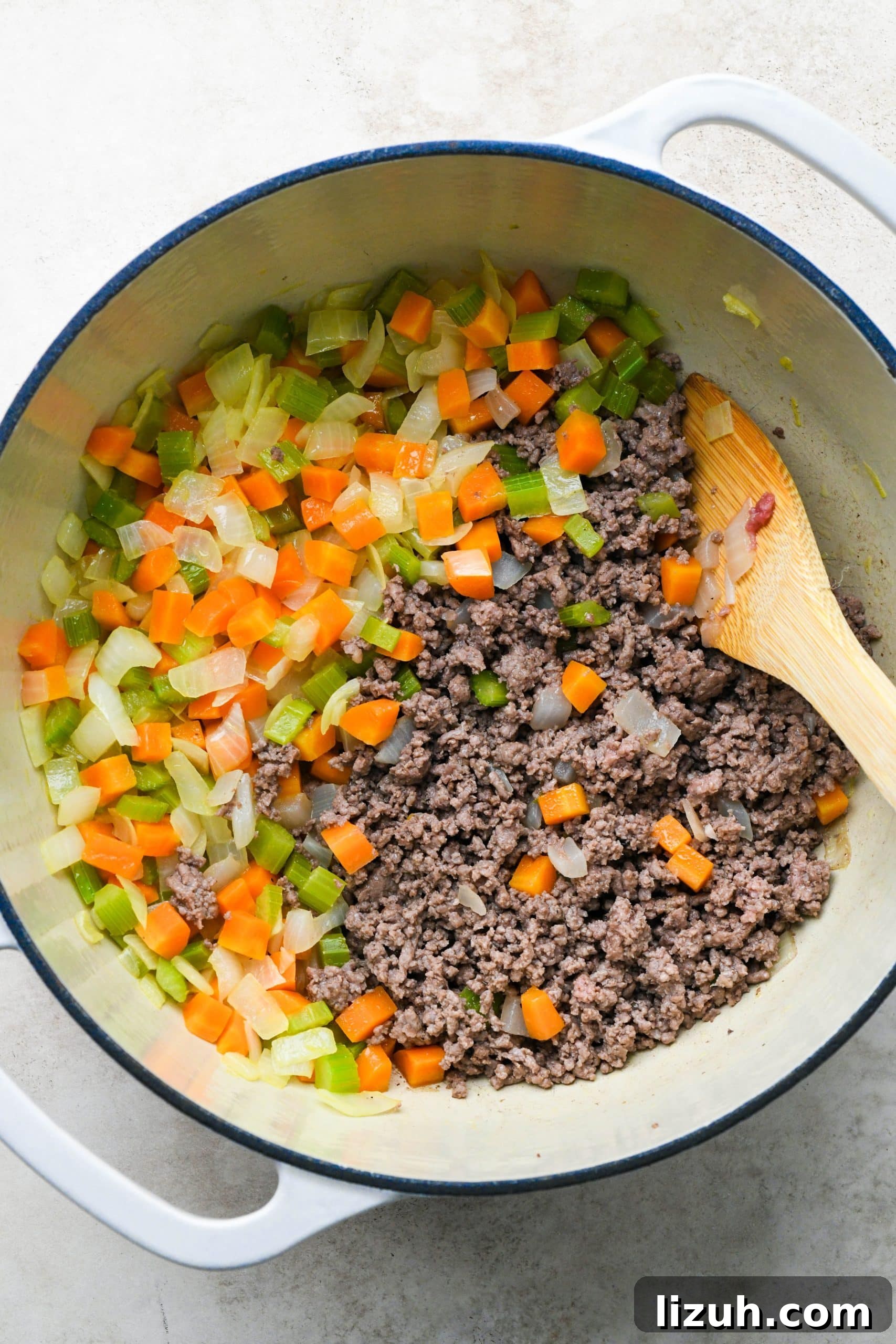 Dairy-Free Cashew Cream Shepherd’s Pie Soup Recipe 8 How to make shepherds pie soup: Ground beef cooked and crumbled in the soup pot with the sautéed veggies.