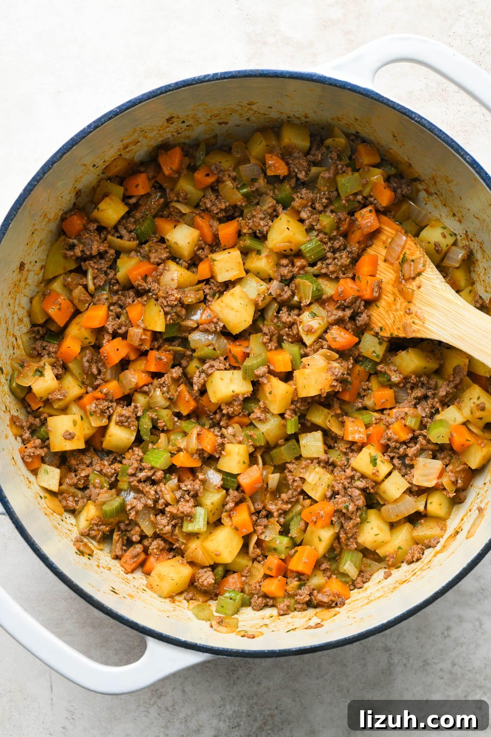Dairy-Free Cashew Cream Shepherd’s Pie Soup Recipe 10 How to make shepherds pie soup: Potatoes and spices mixed in with veggies and beef and cooked briefly.