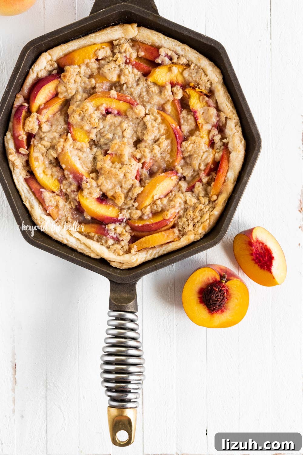 Brown Sugar Peach Crumble Pie Recipe — Rustic Summer Dessert 4 Brown Sugar Peach Crumble Pie | All Images © Beyond the Butter, LLC