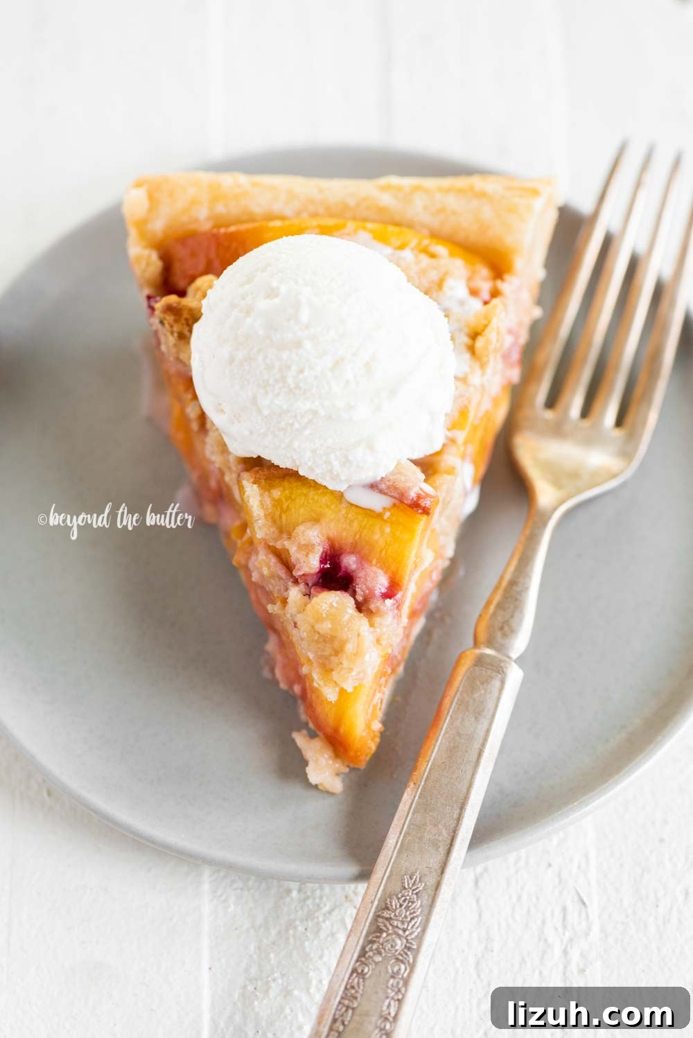 Brown Sugar Peach Crumble Pie Recipe — Rustic Summer Dessert 5 Brown Sugar Peach Crumble Pie Recipe | All Images © Beyond the Butter, LLC