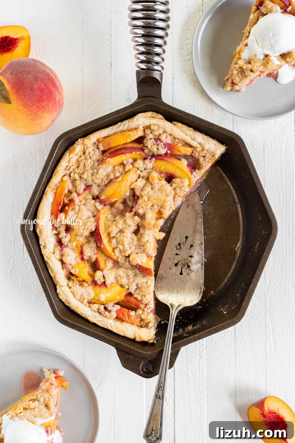 Brown Sugar Peach Crumble Pie Recipe — Rustic Summer Dessert 6 Brown Sugar Peach Crumble Pie Recipe | All Images © Beyond the Butter, LLC