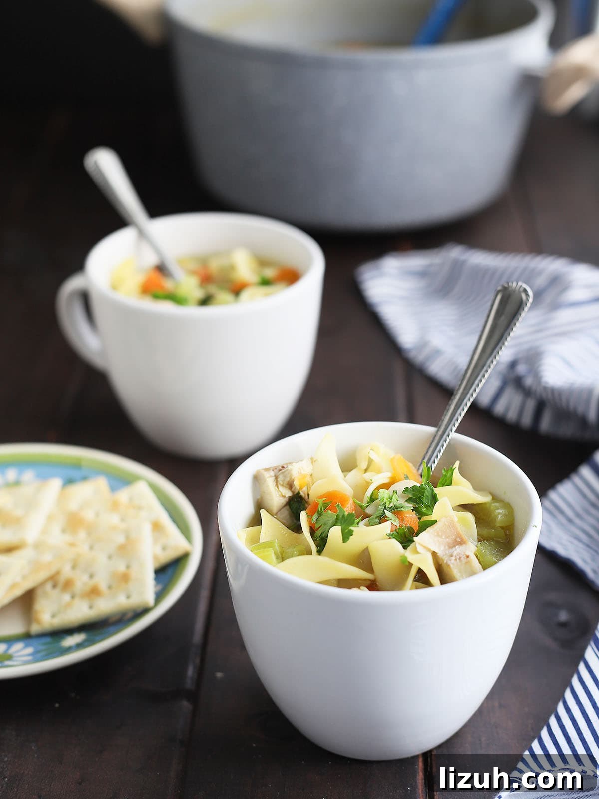 Back-to-School Dinner Ideas: Quick Family-Friendly Recipes 34 a white cup filled with chicken noodle soup and a silver spoon with a plate of saltines, a second cup of soup and a pot in the background