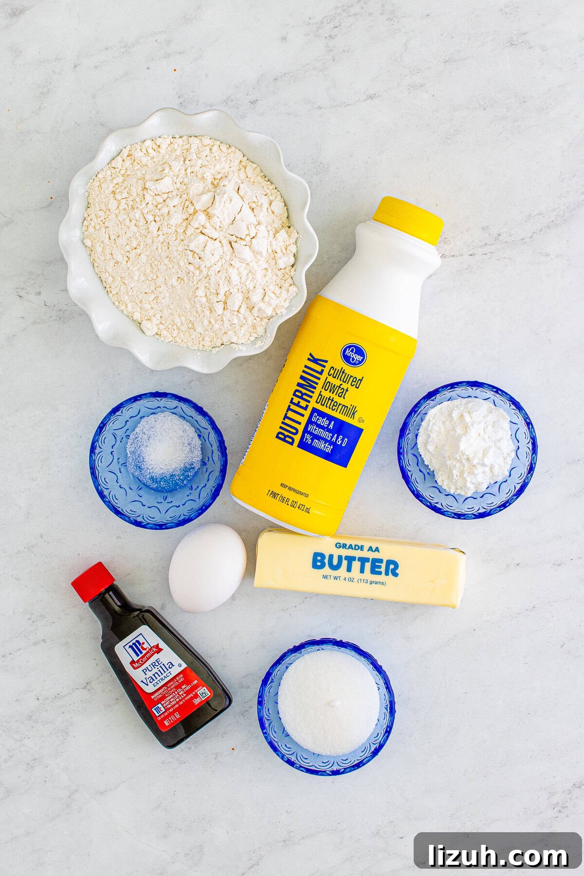 Ingredients needed to make The Best Buttermilk Pancakes.