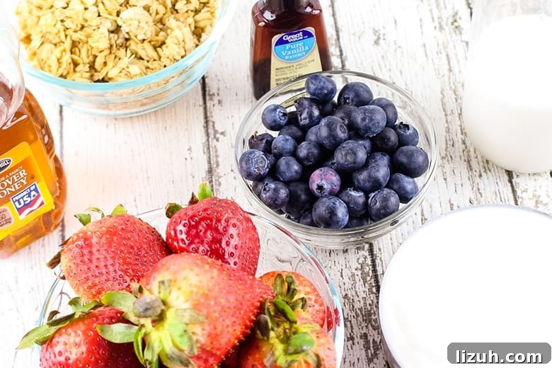 Creamy Yogurt Breakfast Popsicles with Fresh Fruit 3 A bottle of vanilla extract and bowls of granola, blueberries, milk, yogurt, and strawberries.