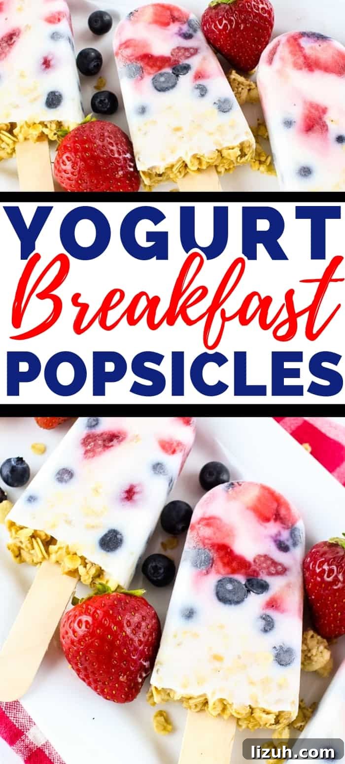 Creamy Yogurt Breakfast Popsicles with Fresh Fruit 9 These easy yogurt popsicles are packed with fresh berries and granola, making them a tasty frozen breakfast to enjoy on-the-go on busy mornings.