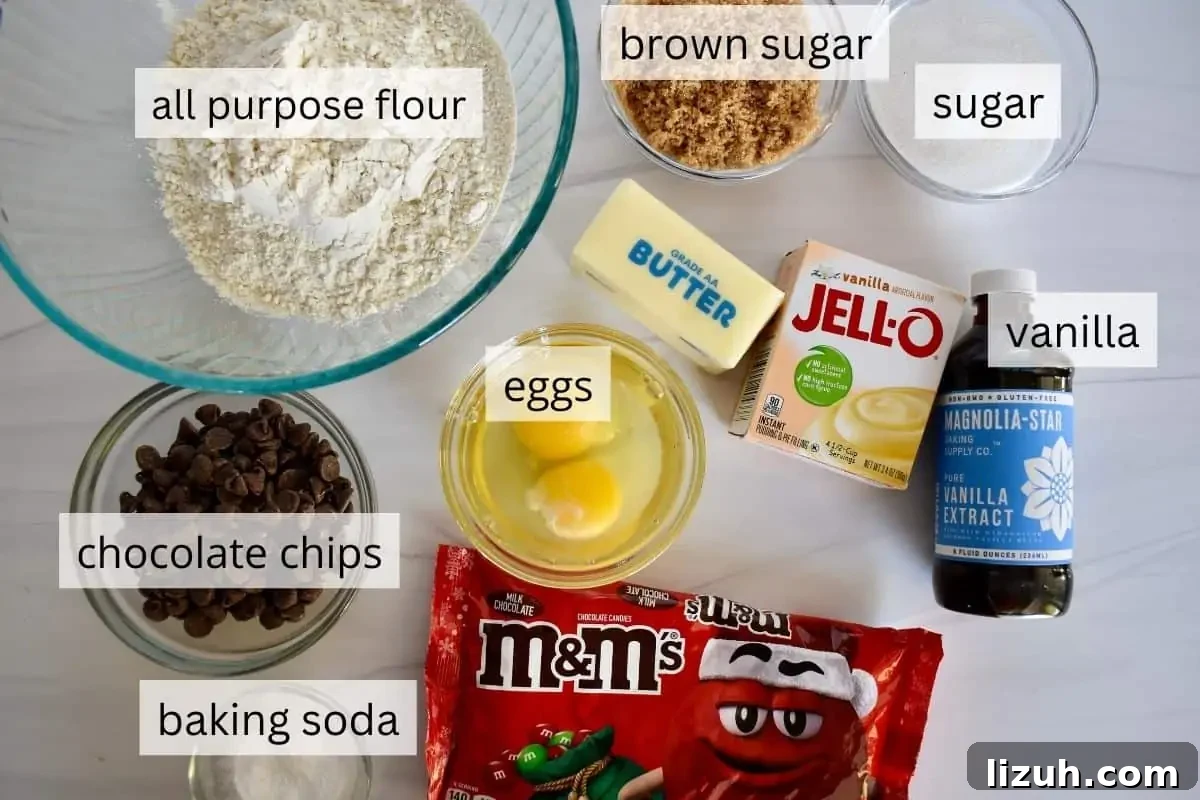 Christmas M&M Cookies Recipe: Festive, Chewy Holiday Cookies 4 overhead photo of ingredients including vanilla pudding mix and chocolate chips.