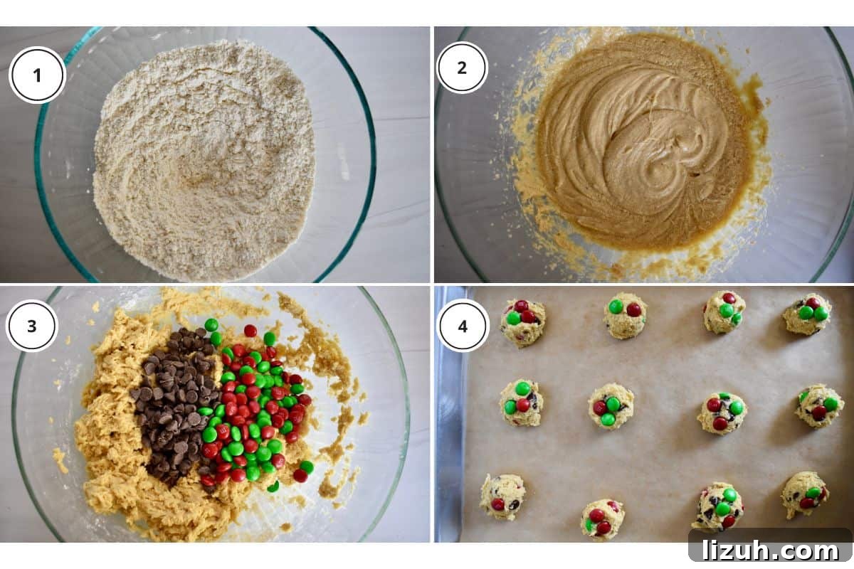 Christmas M&M Cookies Recipe: Festive, Chewy Holiday Cookies 5 process shots showing how to make recipe including pressing the candies into the dough balls before baking.