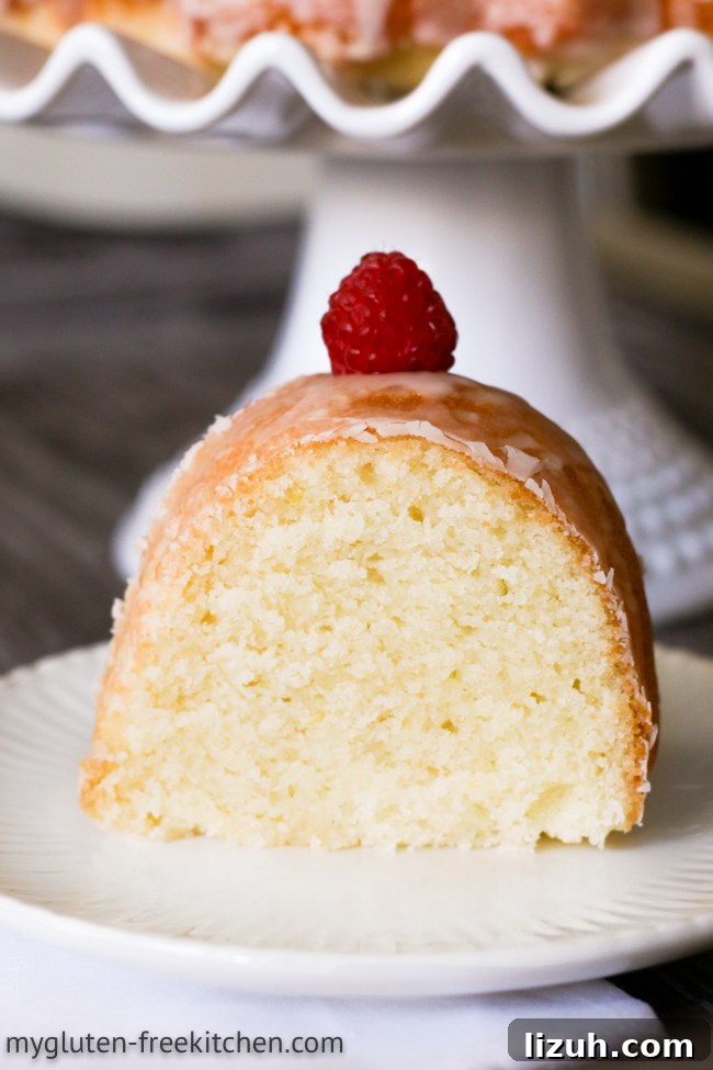 Gluten-Free Lemon Coconut Cake (Dairy-Free Recipe) 6 Slice of gluten-free lemon coconut cake with a raspberry