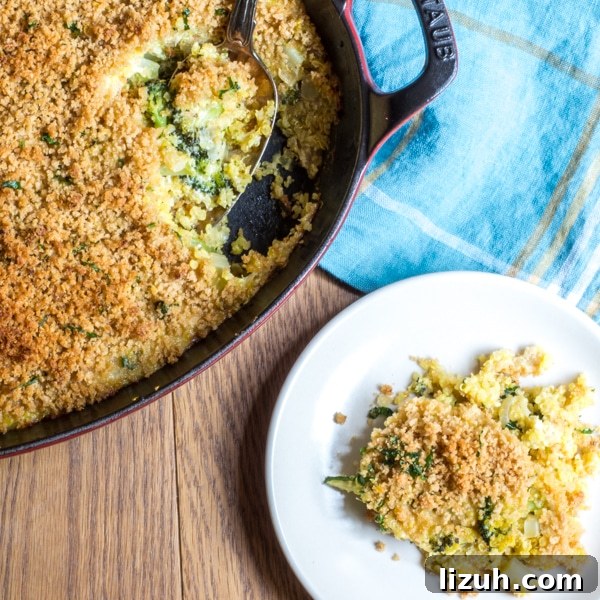 April Vegetarian Meal Plan: Week 4 Recipes & Grocery List 7 Broccoli cheddar quinoa casserole in a baking dish.