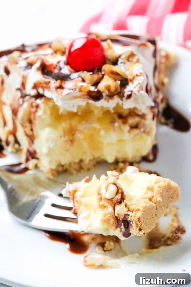 Closeup of banana split pie on fork