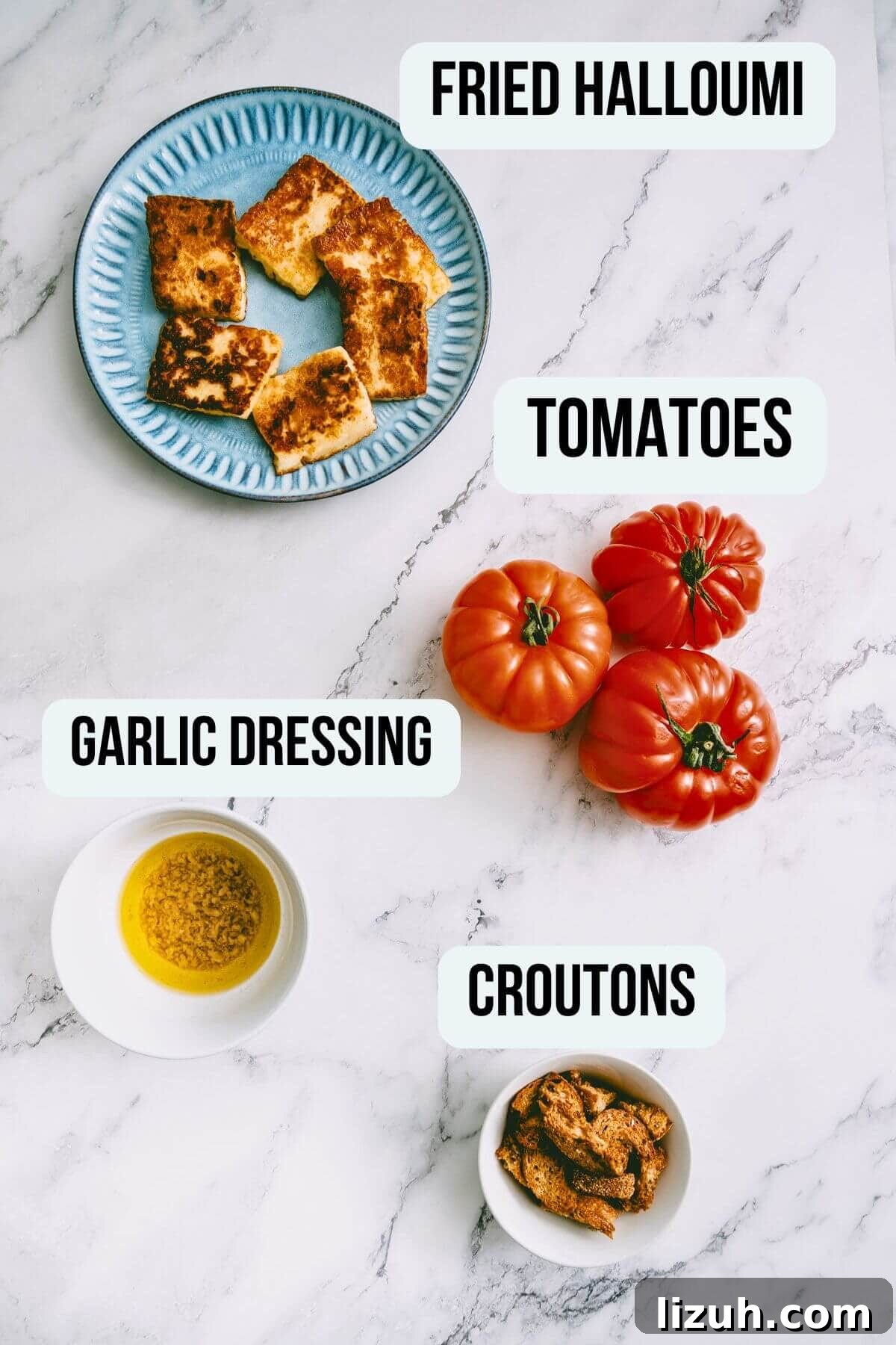 Flat lay of ingredients for tomato and halloumi salad including fried halloumi, tomatoes, garlic dressing, and croutons.