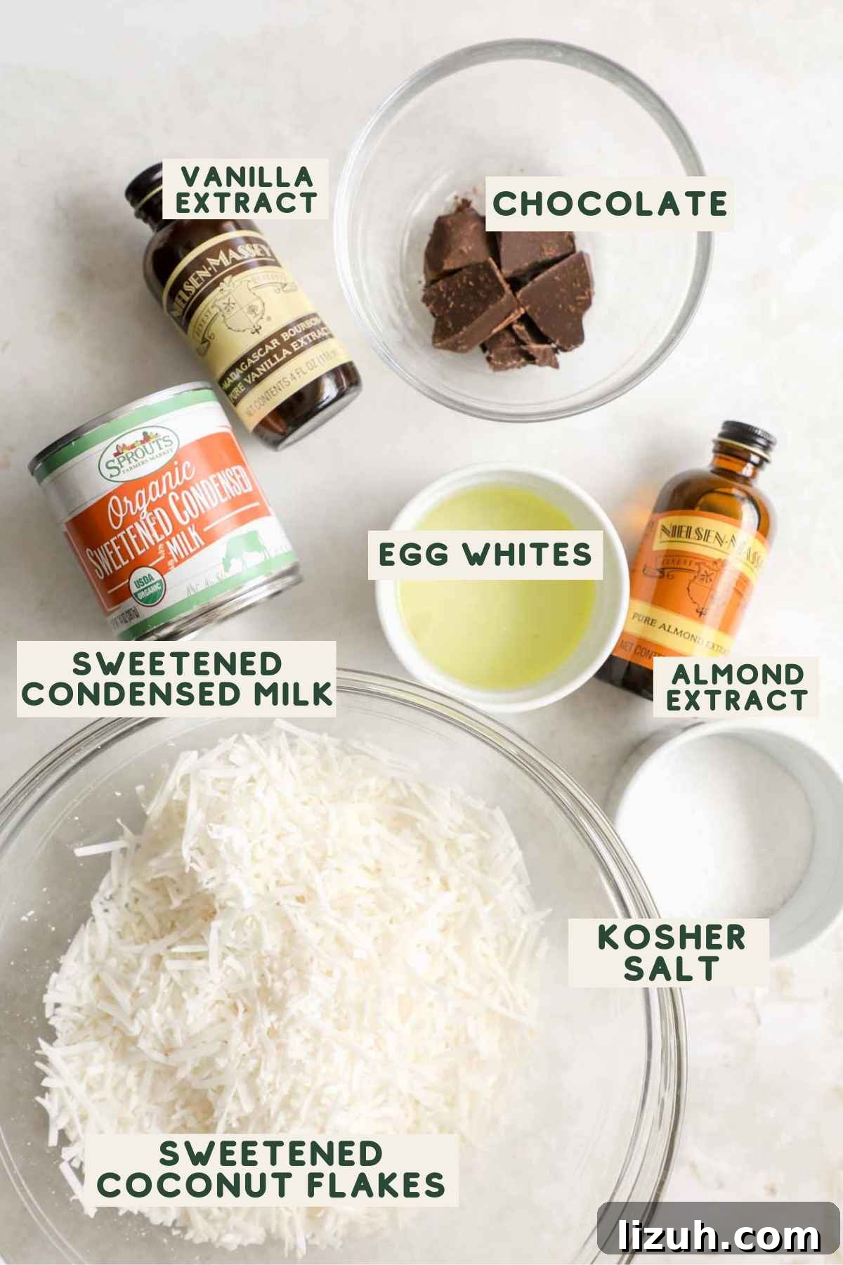 Chewy Coconut Macaroons: Gluten-Free Coconut Cookie Recipe 3 Ingredients to make gluten-free coconut macaroon, including chocolate, vanilla extract, almond extract, sweetened condensed milk, egg whites, kosher salt, sweetened coconut flakes.