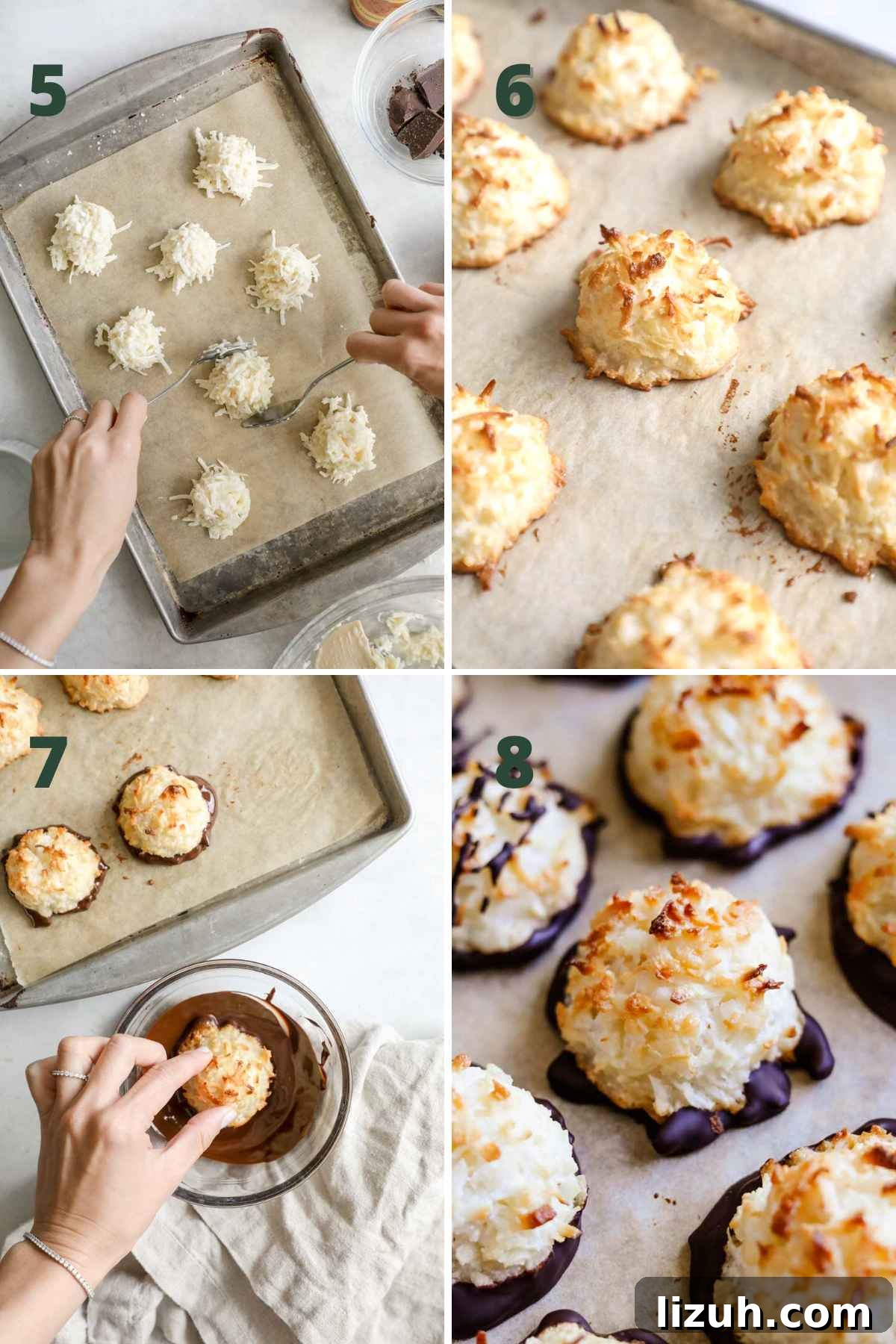Chewy Coconut Macaroons: Gluten-Free Coconut Cookie Recipe 5 Steps to make gluten-free coconut macaroon nests, including adding the mixture to a sheet pan, baking, and dipping in chocolate.