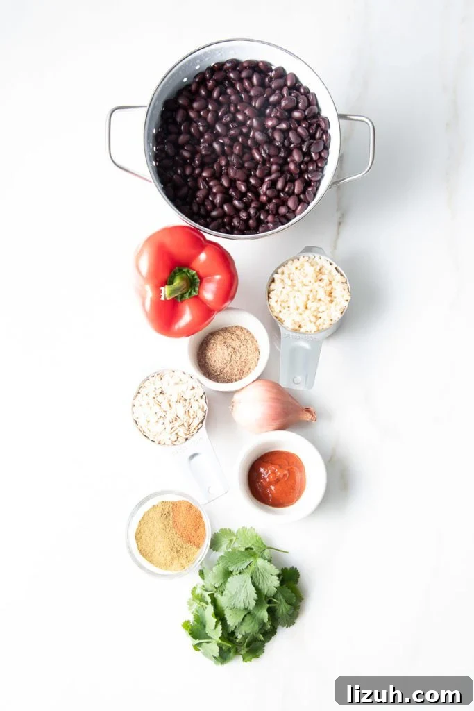 Black Bean Veggie Burger Recipe — Flavorful Homemade Patties 4 Black beans, red pepper, rice, oatmeal, cilantro, flax, shallot, sriracha, spices