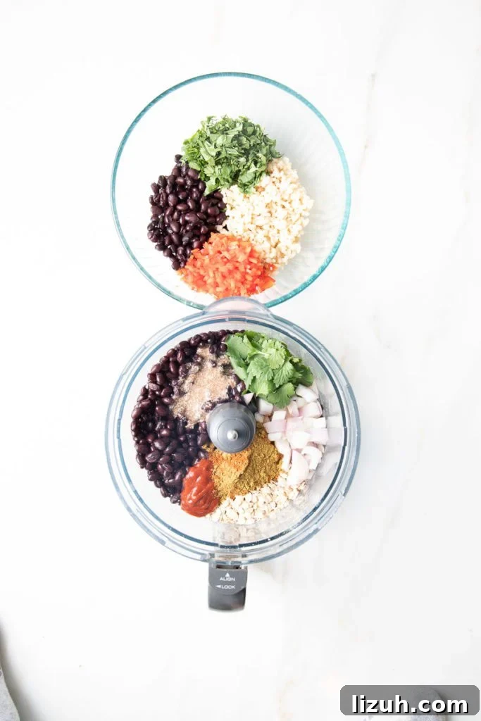 Black Bean Veggie Burger Recipe — Flavorful Homemade Patties 5 1 bowl with chopped red peppers, black beans, cilantro and rice and a food processor bowl with beans, seasonings, shallots, oatmeal, spices.