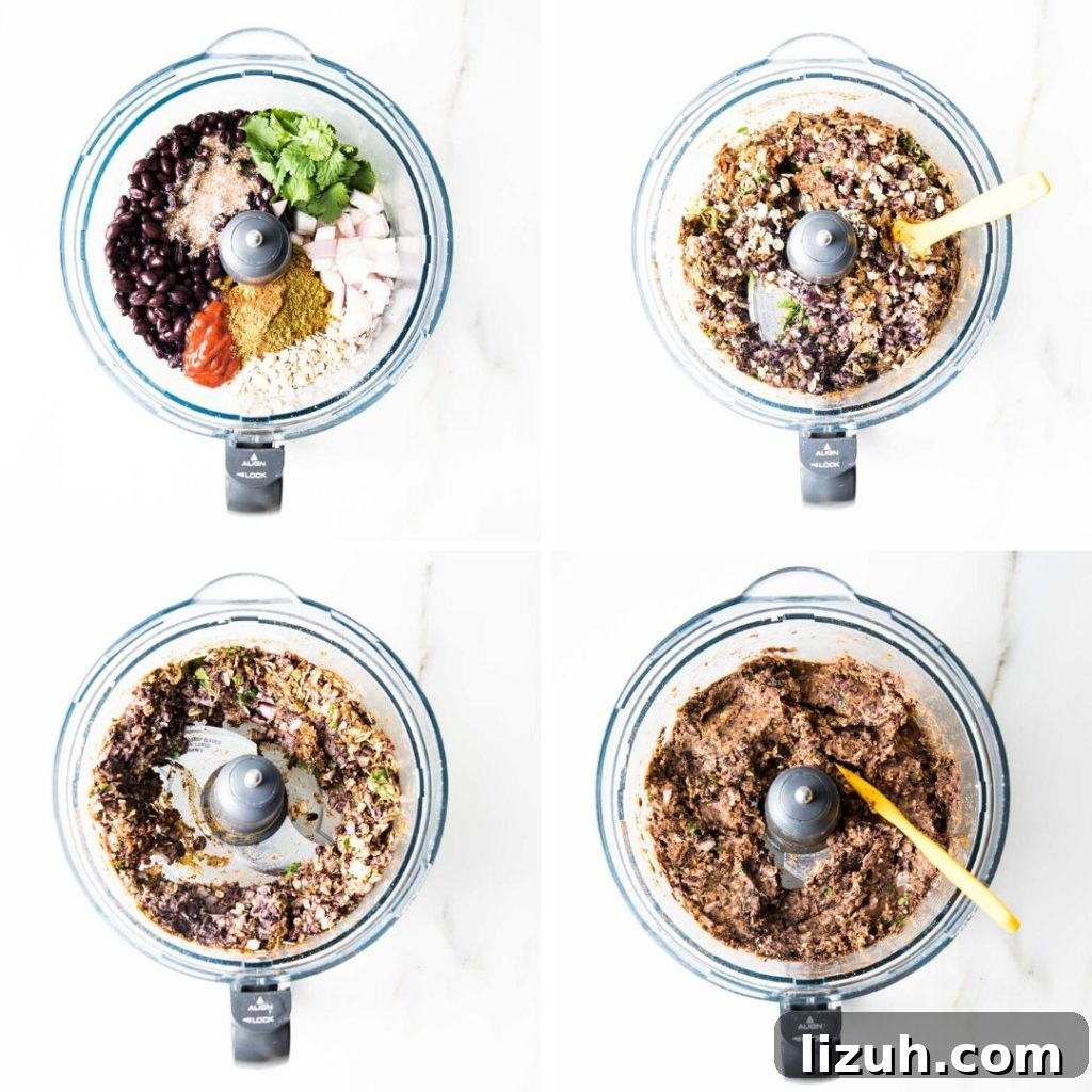 Black Bean Veggie Burger Recipe — Flavorful Homemade Patties 6 Bowl of a food processor as ingredients are processed step by step into paste.