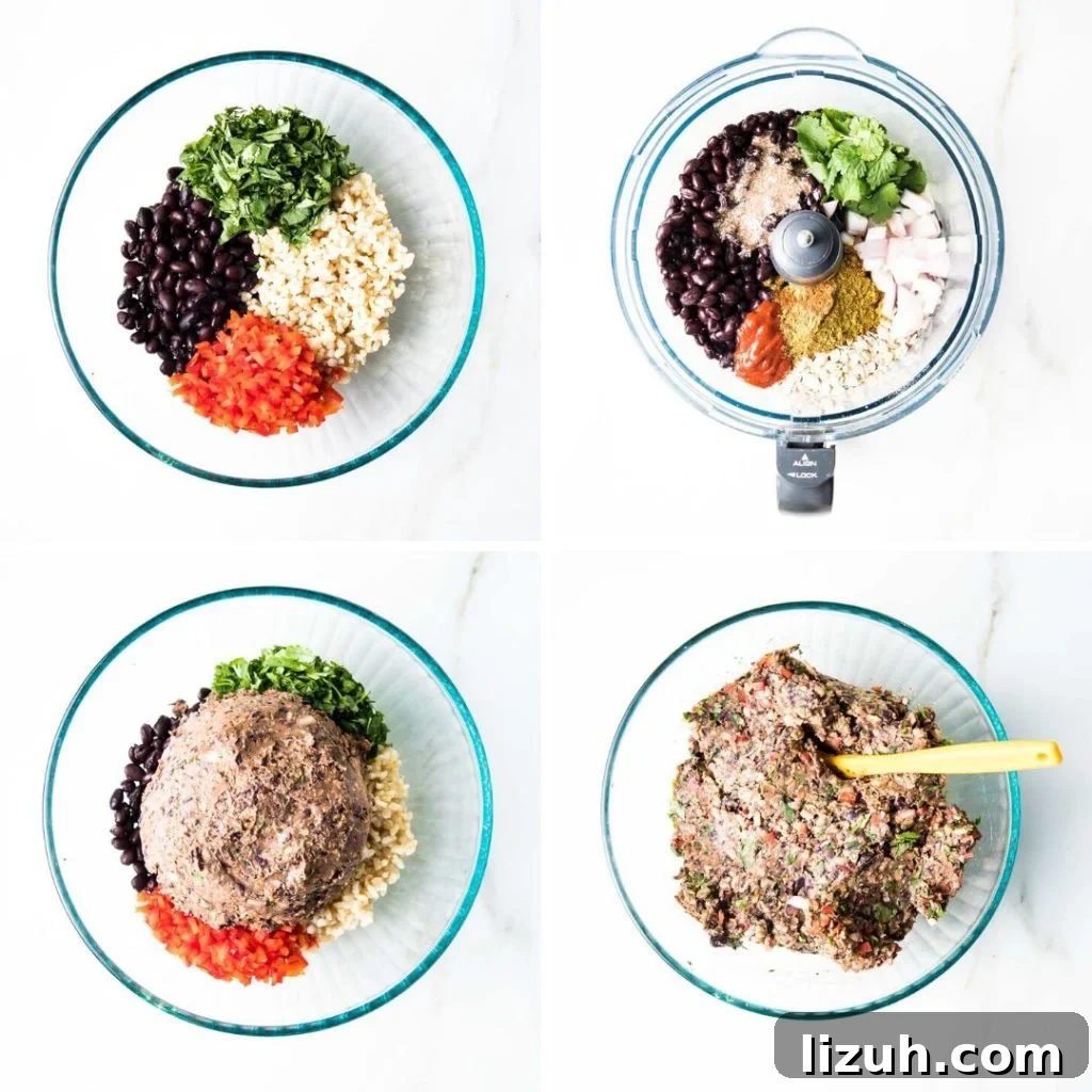 Black Bean Veggie Burger Recipe — Flavorful Homemade Patties 7 Step by step mixing black bean veggie burger dough. Chopped veggies mixed with black pean paste.