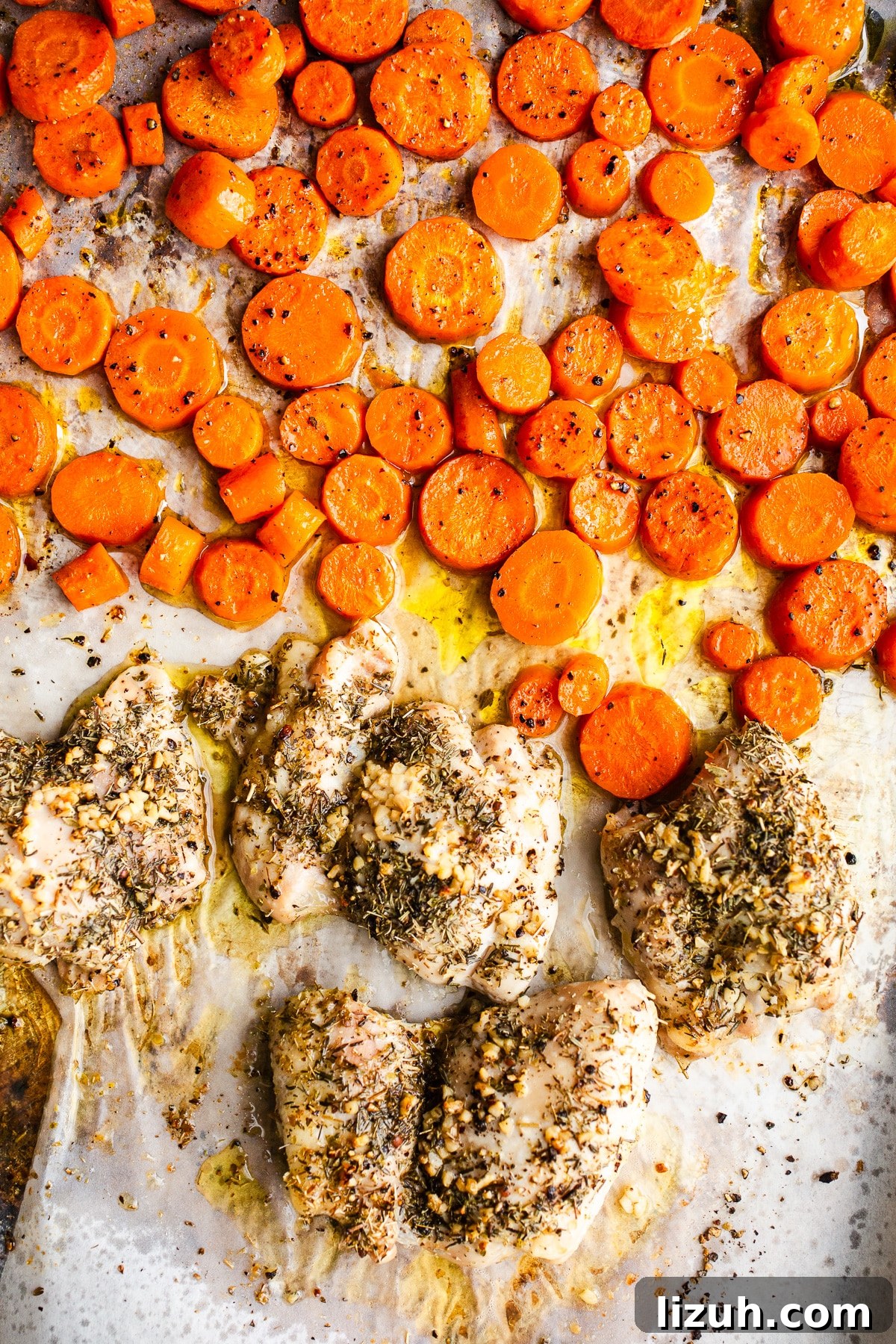 Roasted Carrot and Chicken Quinoa Bowl with Lemon-Tahini Drizzle 6 Chicken and carrots on a sheet pan.