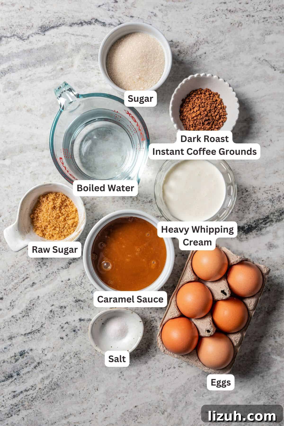 Coffee crème brûlée ingredients with text labels overlaying each ingredient.