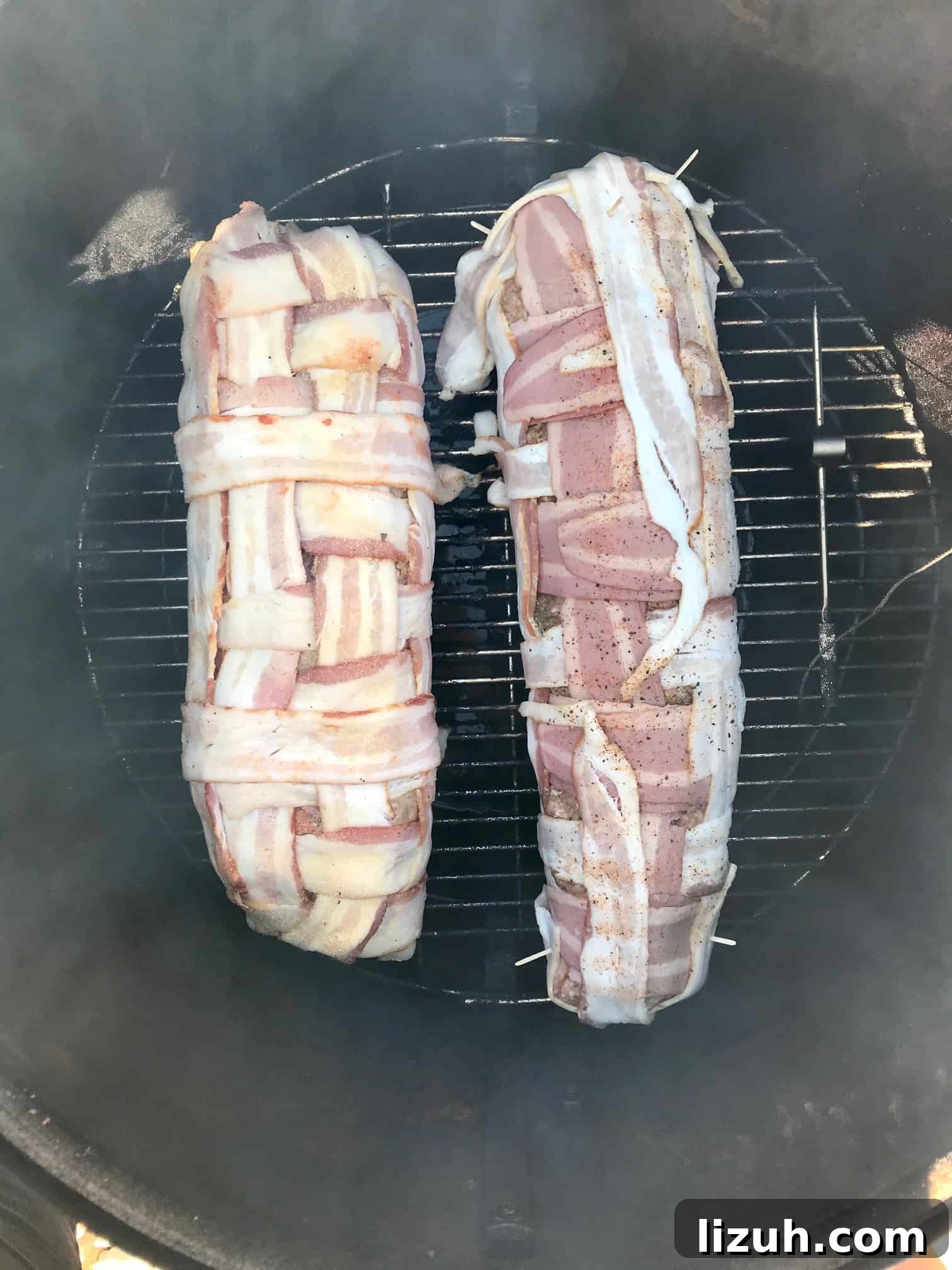 Bacon Explosion Pizza: Stuffed Crust Pizza Fatty Recipe 7 Two bacon explosions on weber grill overhead shot
