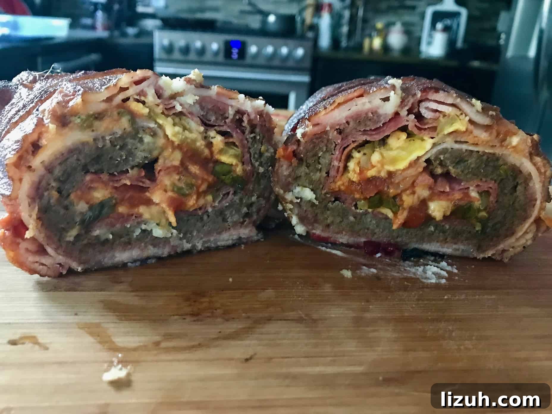 Bacon Explosion Pizza: Stuffed Crust Pizza Fatty Recipe 9 Pizza Bacon Explosion sliced in half to see pizza ingredients in side close up view