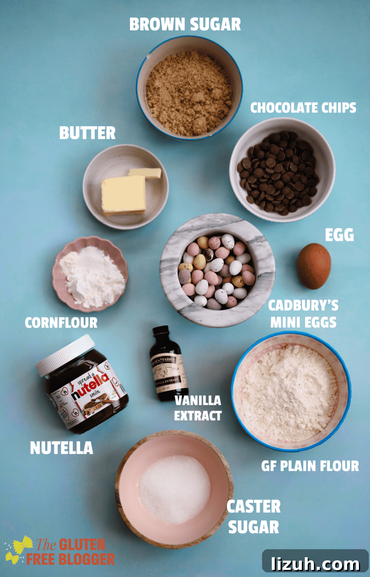Mini Egg Cookie Pie Recipe: Creamy No-Bake Easter Dessert 4 Ingredients for mIni egg cookie pie laid out on a green worktop with text labels.