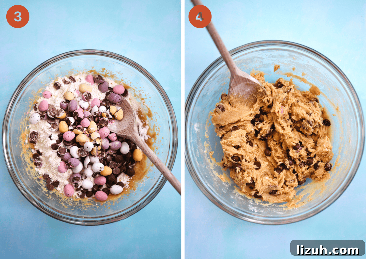 Mini Egg Cookie Pie Recipe: Creamy No-Bake Easter Dessert 6 Adding Mini Eggs to the cookie dough pie mixture.