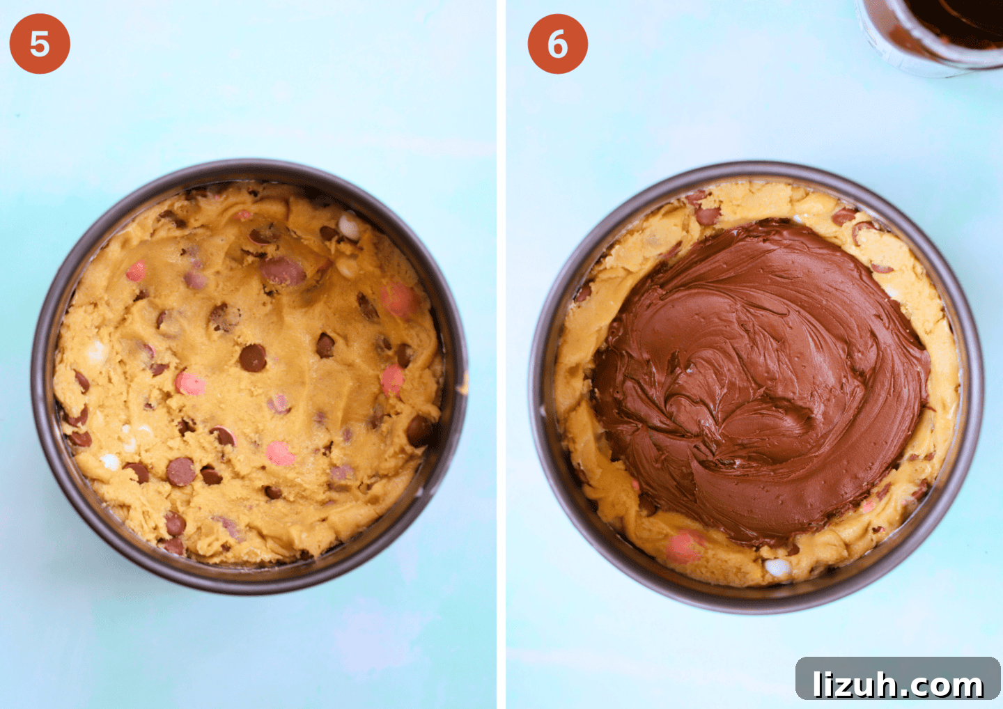Mini Egg Cookie Pie Recipe: Creamy No-Bake Easter Dessert 7 Pudding the cookie dough into the baking tin then adding Nutella.