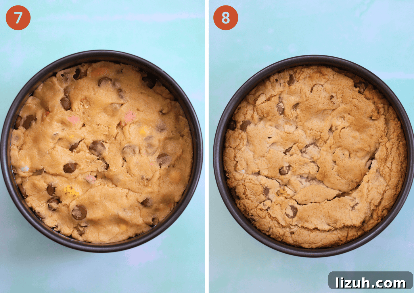 Mini Egg Cookie Pie Recipe: Creamy No-Bake Easter Dessert 8 The finished Mini Egg Cookie Pie before and after baking.