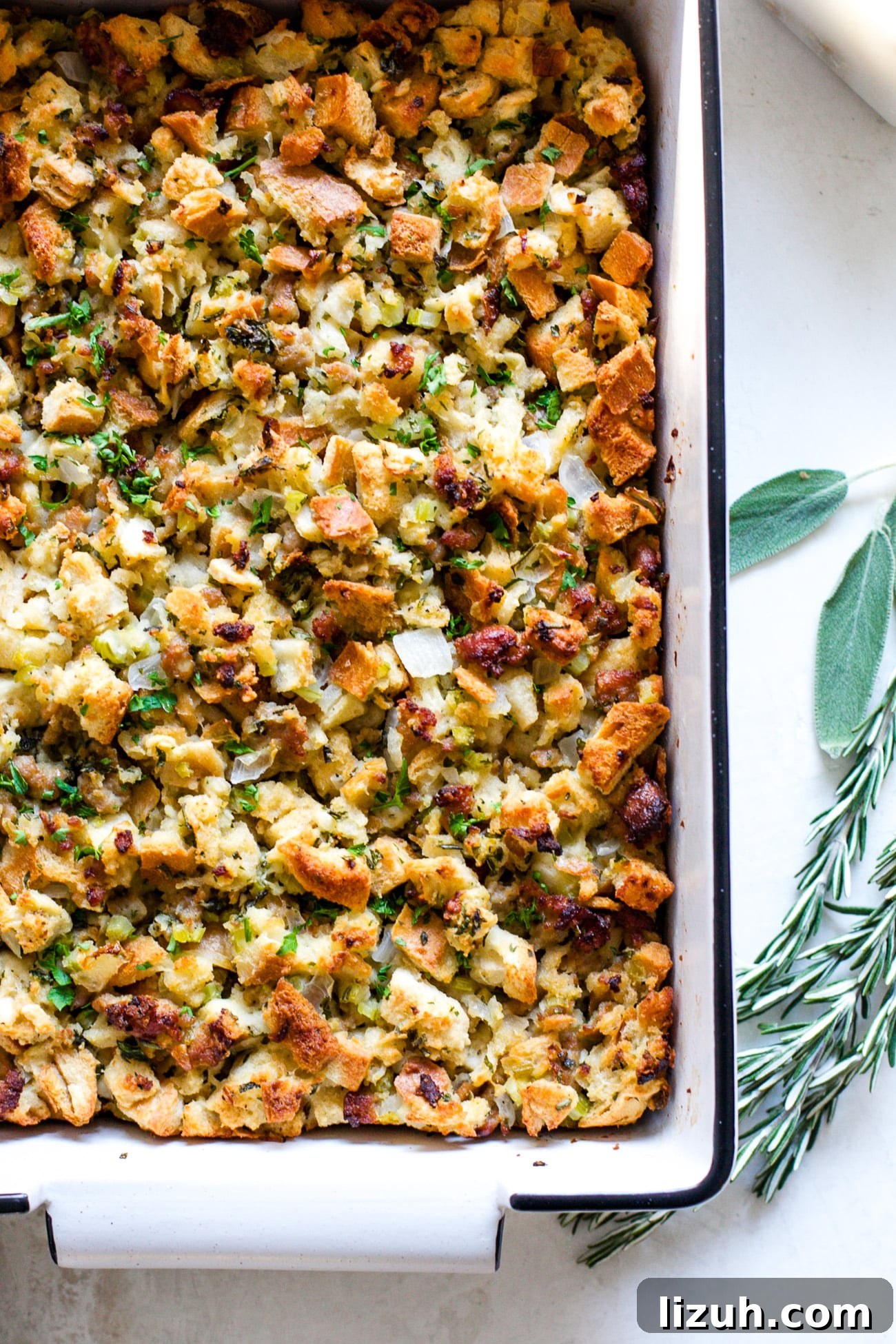 Sausage Stuffing Recipe with Herbs and Crispy Bread 10 Overhead view of Easy sausage Stuffing