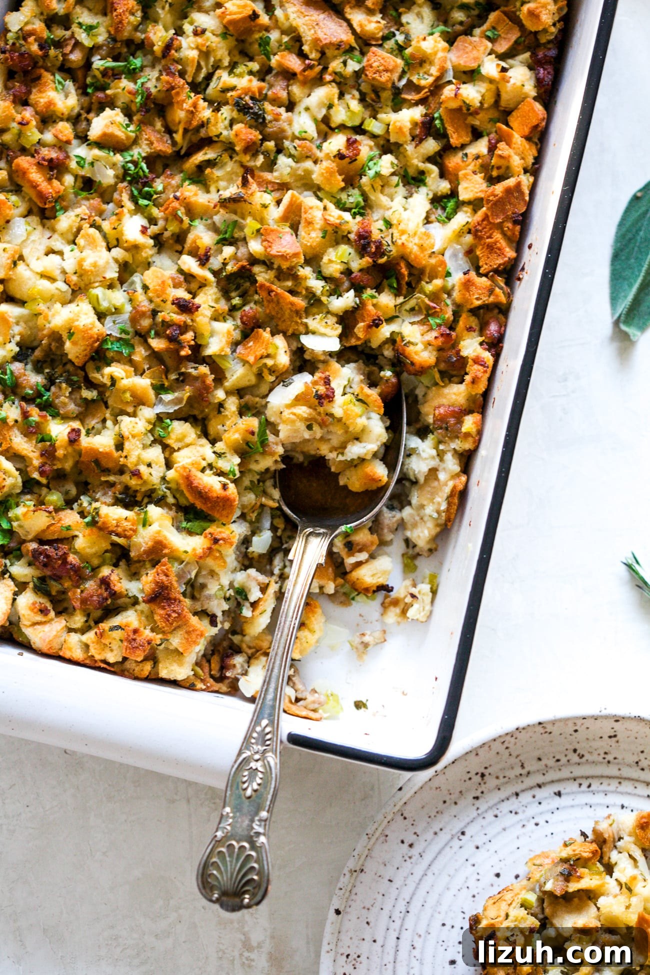 Sausage Stuffing Recipe with Herbs and Crispy Bread 11 Overhead view of Easy sausage Stuffing