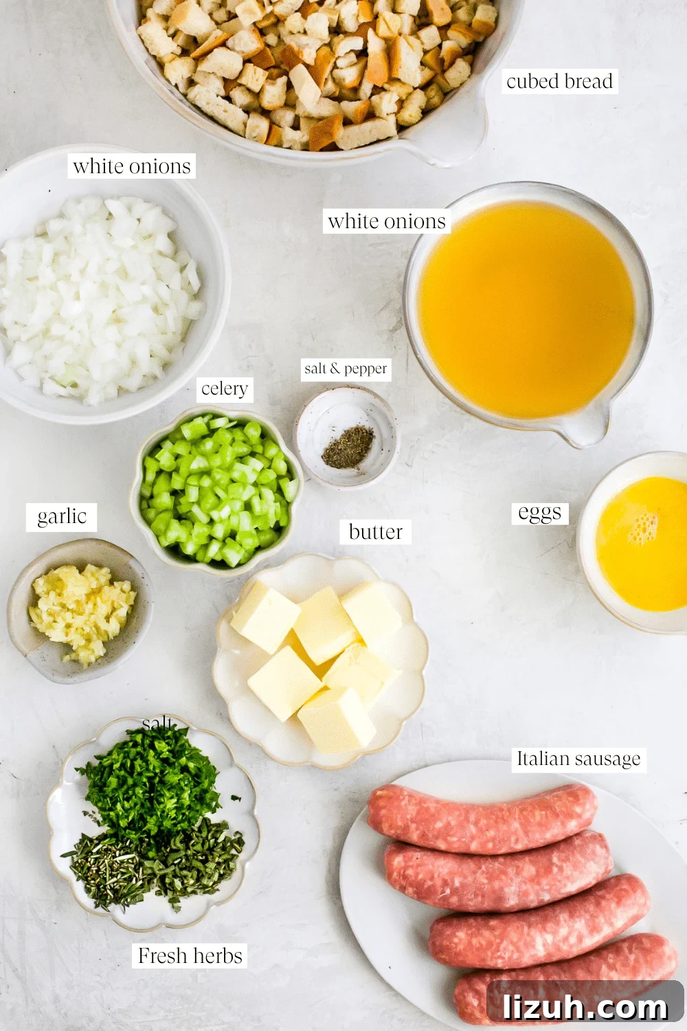 Sausage Stuffing Recipe with Herbs and Crispy Bread 3 all the ingredients to make sausage stuffng
