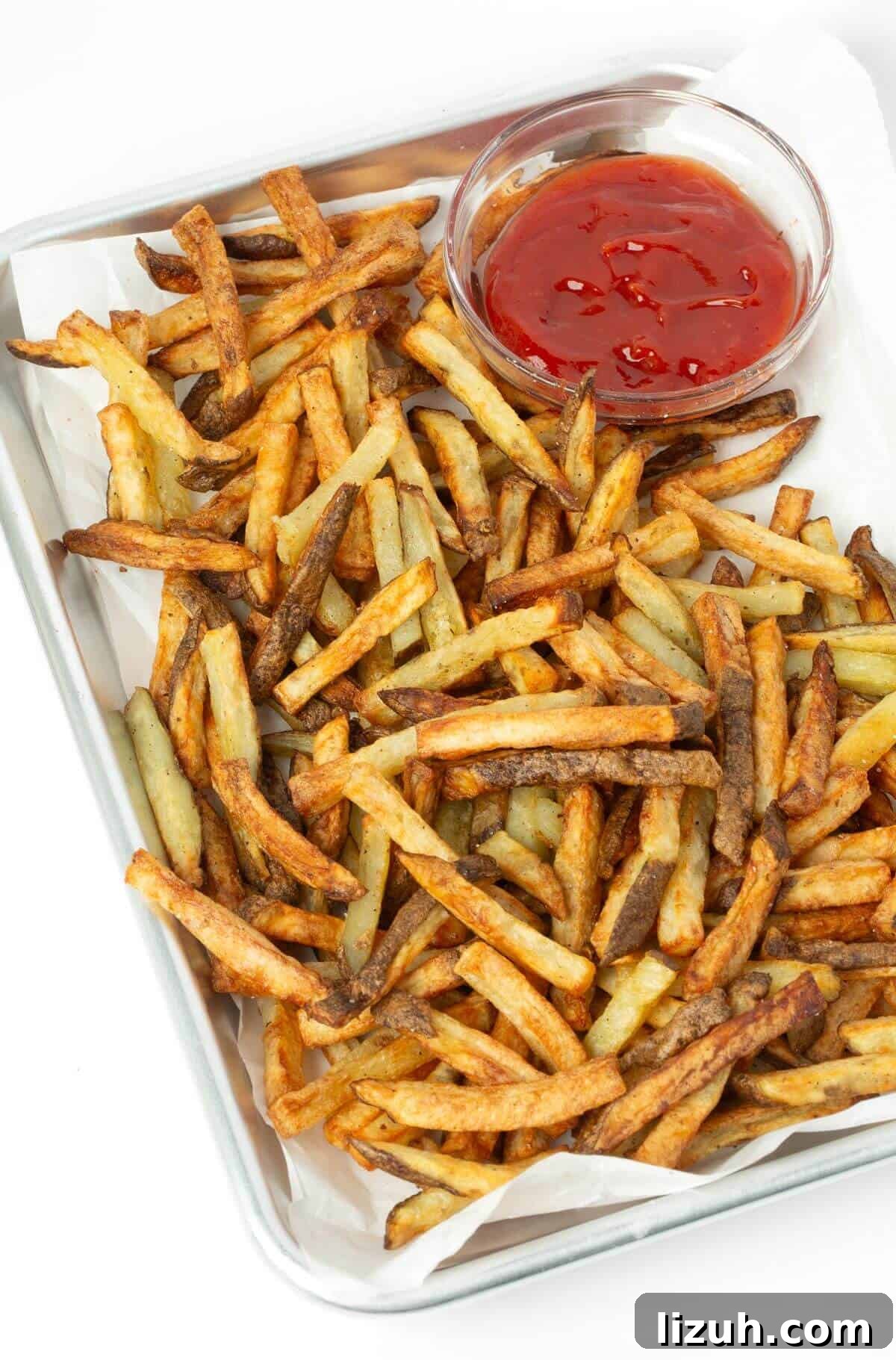 Crispy Air Fryer French Fries: Perfect Golden Recipe 2 air fryer french fries on tray with small bowl of ketchup