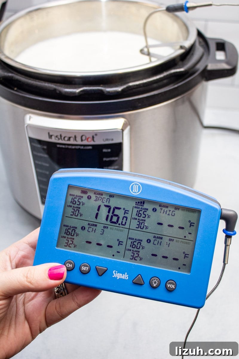 How to Make Creamy Instant Pot Yogurt at Home 12 Probe thermometer display connected to an Instant Pot for making yogurt.