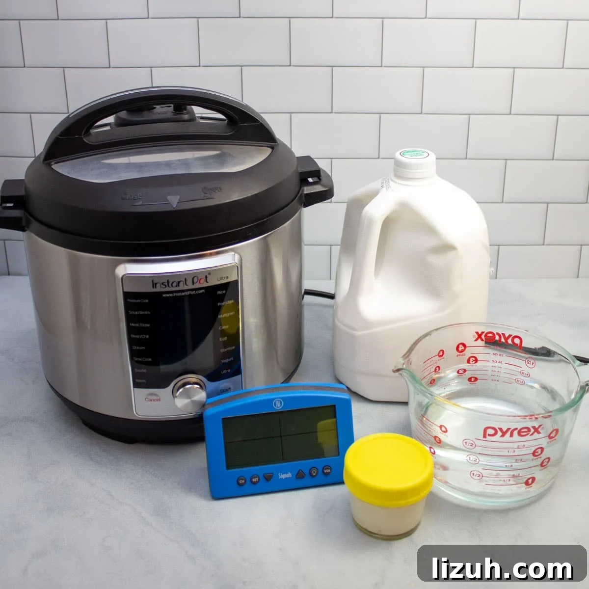 How to Make Creamy Instant Pot Yogurt at Home 4 Ingredients and equipment for making Instant Pot yogurt.