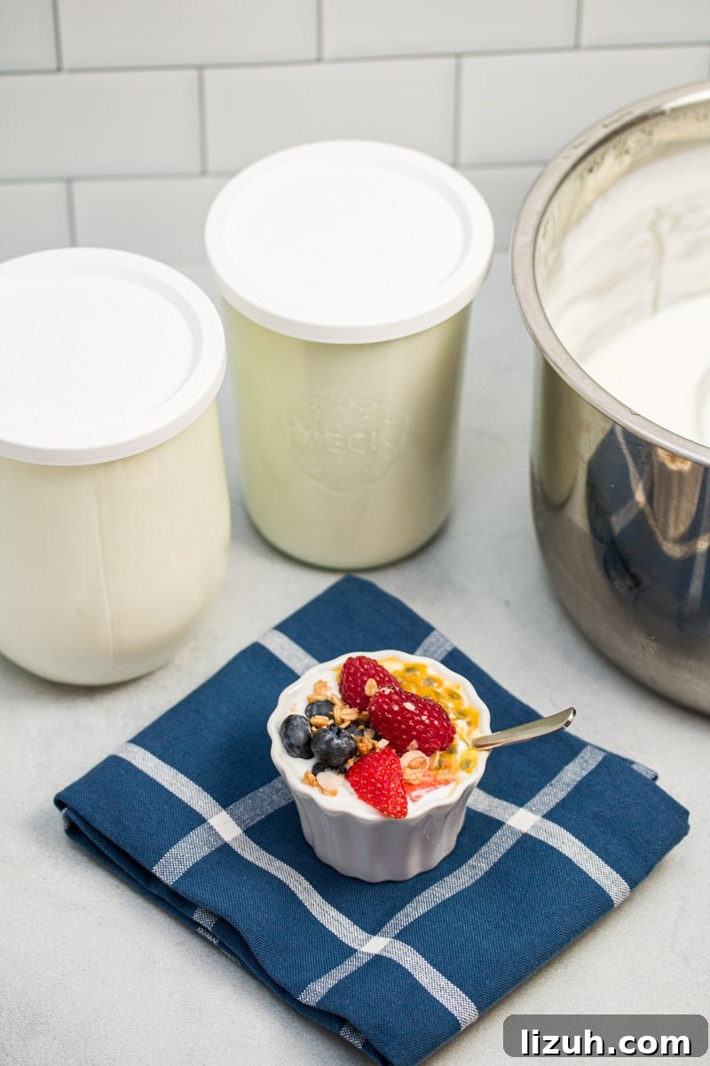 How to Make Creamy Instant Pot Yogurt at Home 5 Instant Pot, glass jars of freshly made yogurt, and a fruit and yogurt parfait.