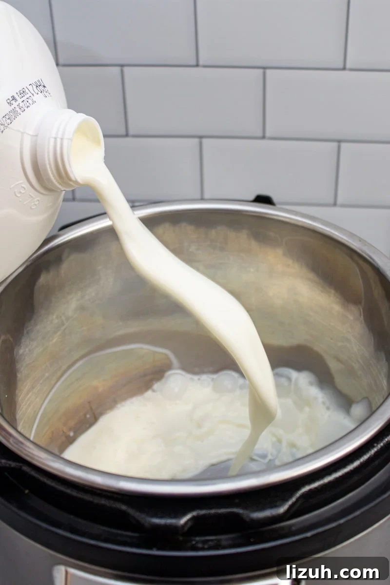 How to Make Creamy Instant Pot Yogurt at Home 8 Pouring milk into an Instant Pot to make yogurt.