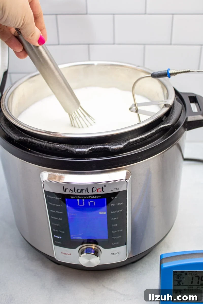 How to Make Creamy Instant Pot Yogurt at Home 9 Whisking milk in an Instant Pot to bring it to temperature for making yogurt.