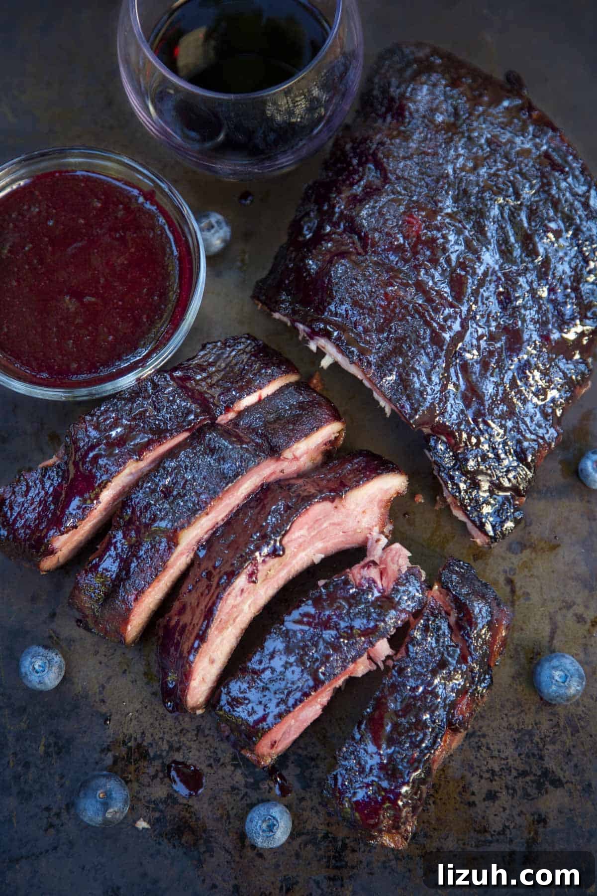 Blueberry Bourbon Glazed Baby Back Ribs Recipe 2 Blueberry Bourbon Baby Back Ribs on a sheetpan
