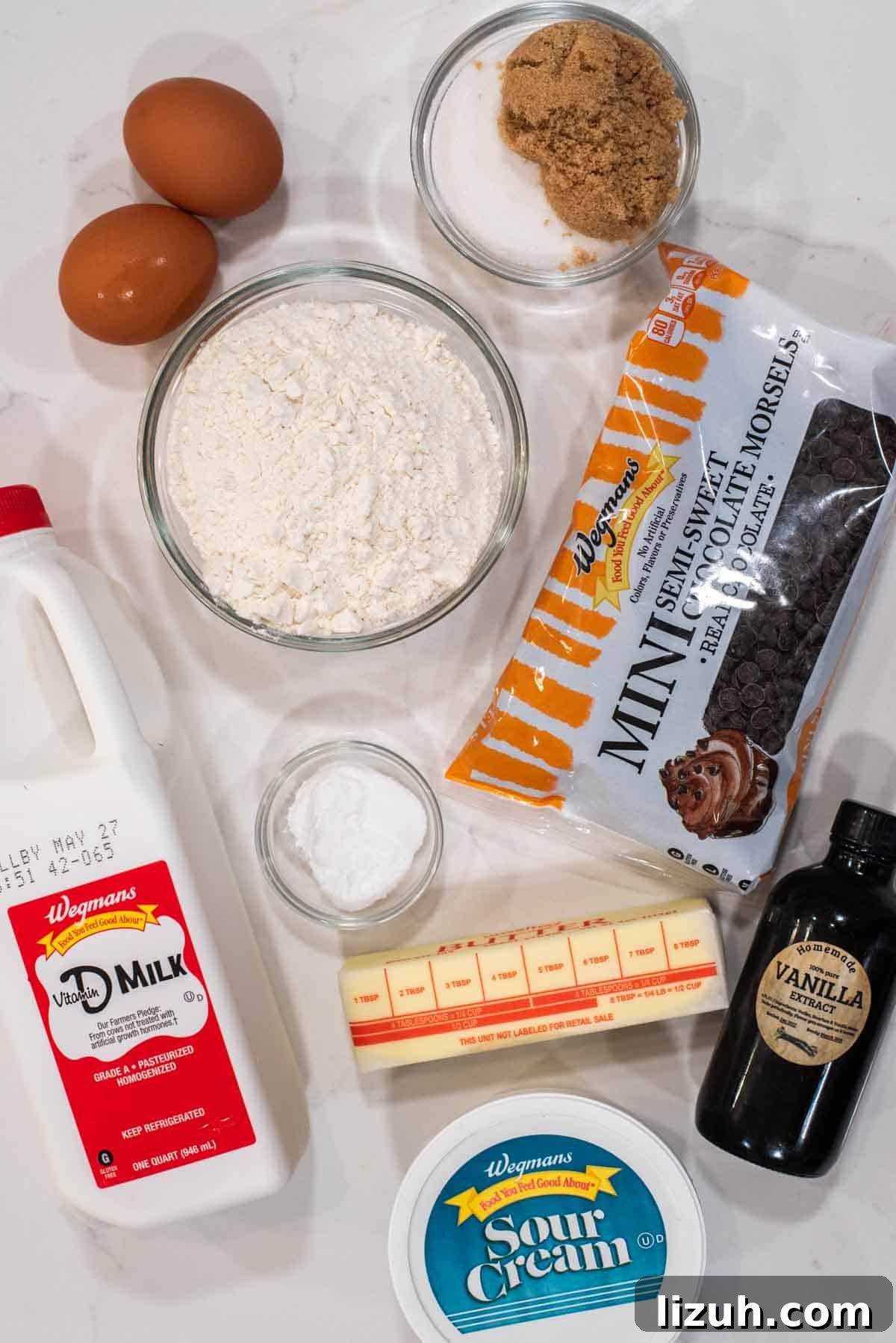 overhead shot of ingredients for mini chocolate chip muffins