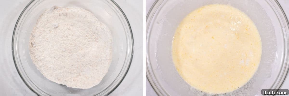 process shots of mixing dry ingredients in one bowl and wet ingredients in another bowl