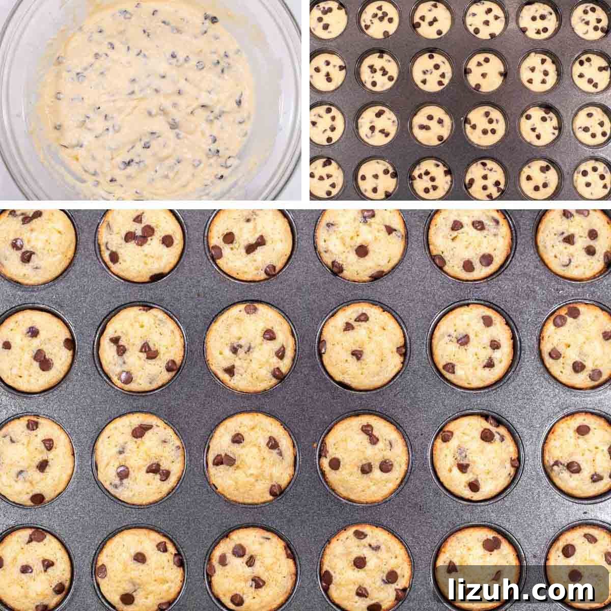 process shots of mixing wet and dry ingredients before adding to mini muffin pan and baking