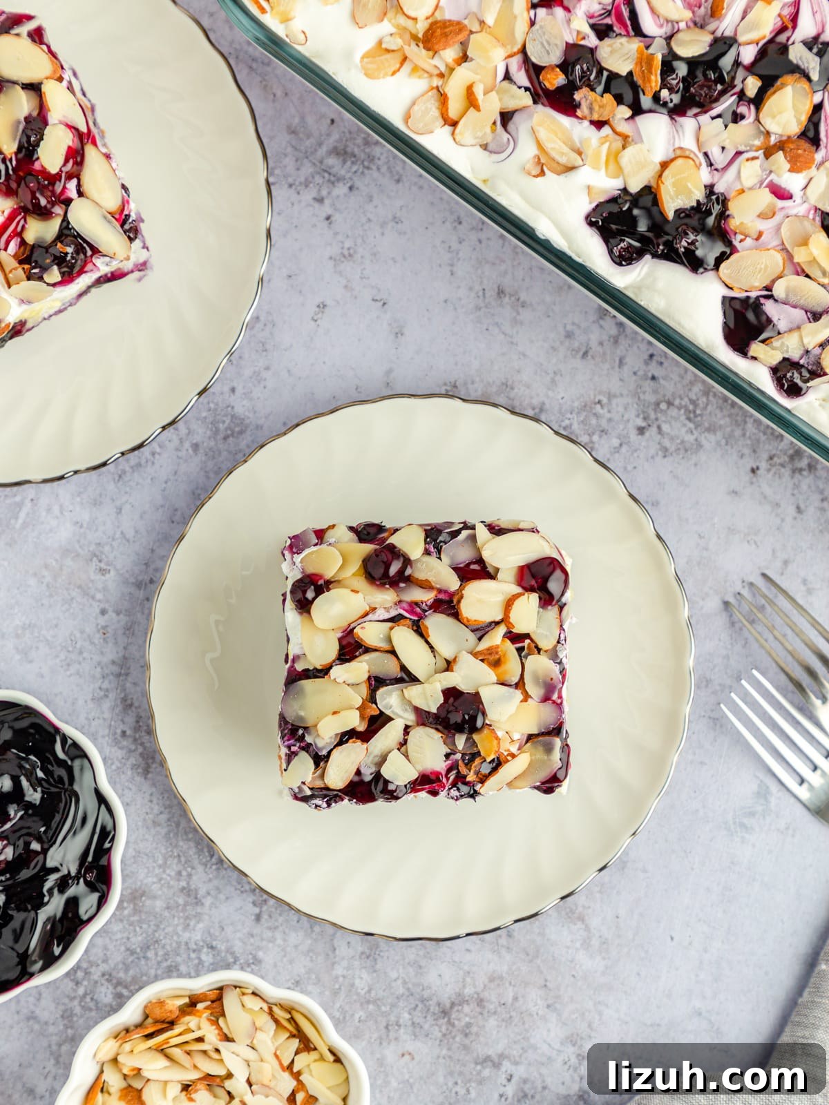 No-Bake Blueberry Angel Food Cake Recipe 2 Blueberry Heaven on Earth cake pieces on plates with pan