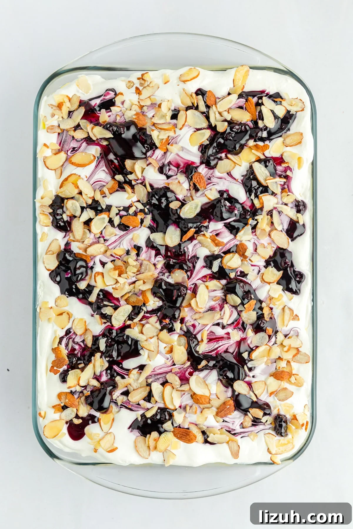 No-Bake Blueberry Angel Food Cake Recipe 8 blueberry angel food cake topped with pie filling and slivered almonds