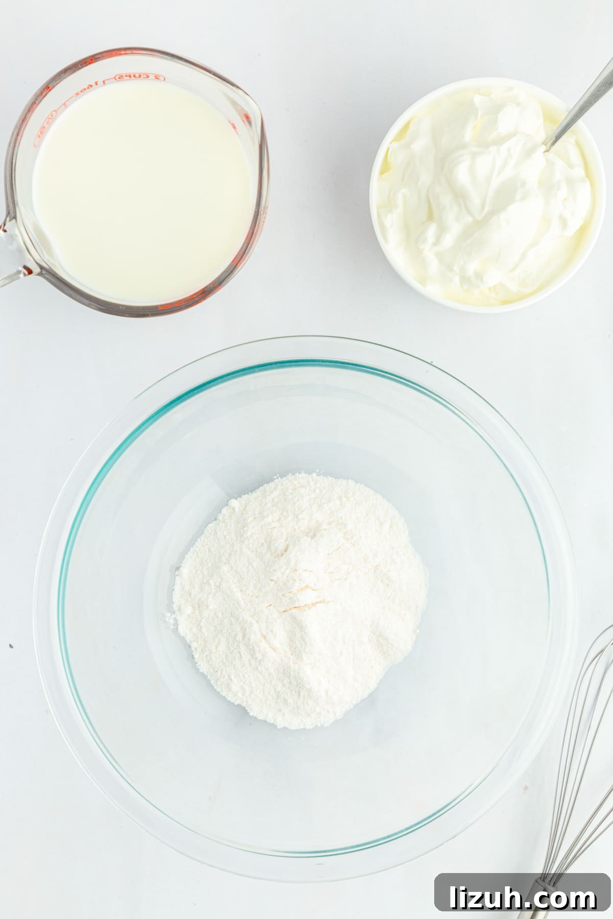 No-Bake Blueberry Angel Food Cake Recipe 4 pudding milk and sour cream in prep bowls and pitcher