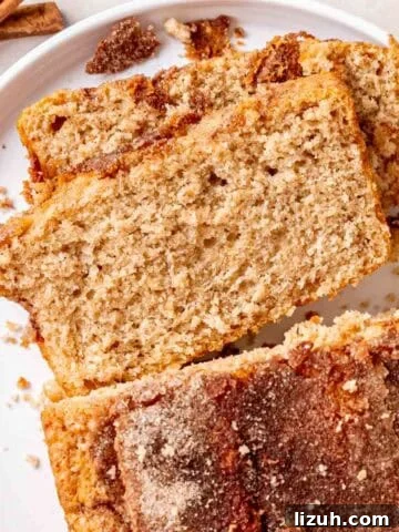 A loaf of snickerdoodle bread with a crunchy cinnamon sugar topping.